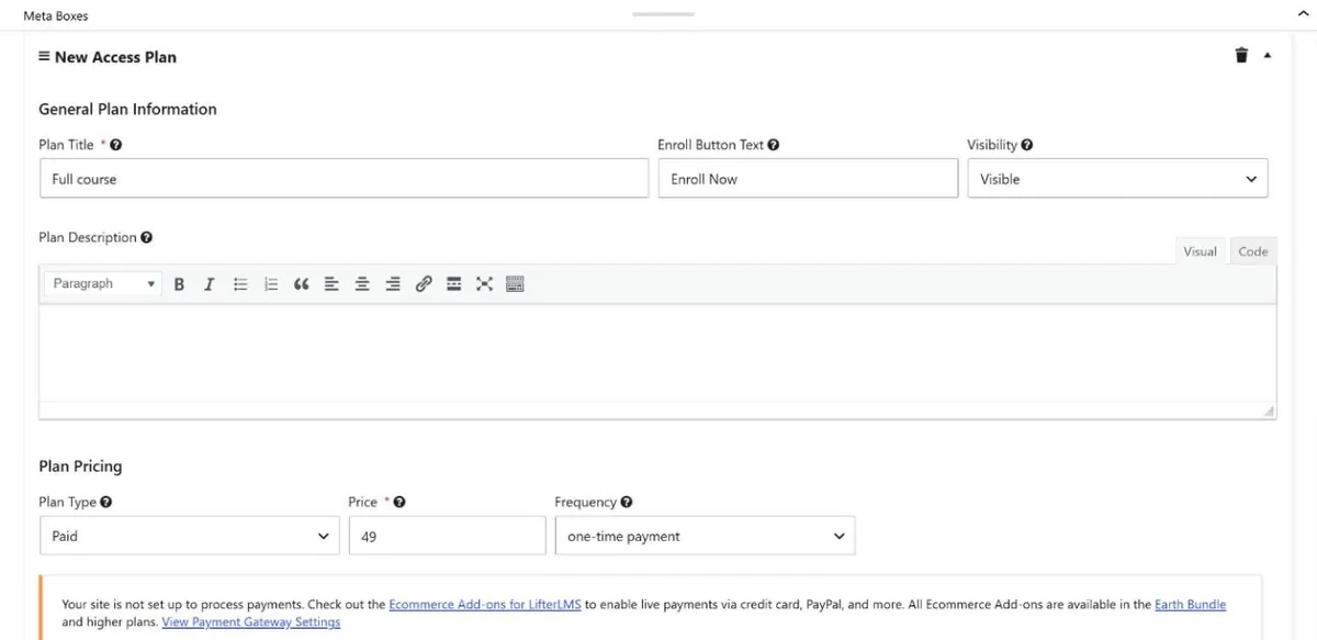 LifterLMS access plan form for a $49 one-time plan, with a notice that the site is not set up to process payments