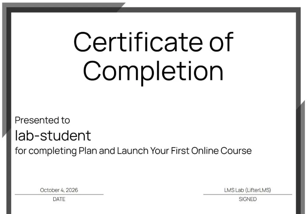 Certificate of Completion awarded by LifterLMS, presented to the test student's username
