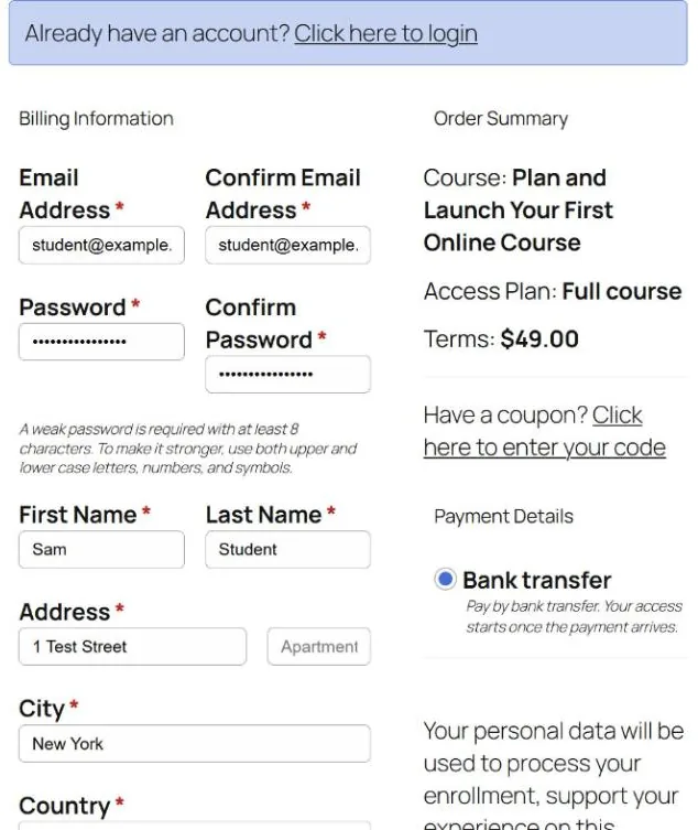 LifterLMS checkout form with account, billing address and bank transfer payment in one form