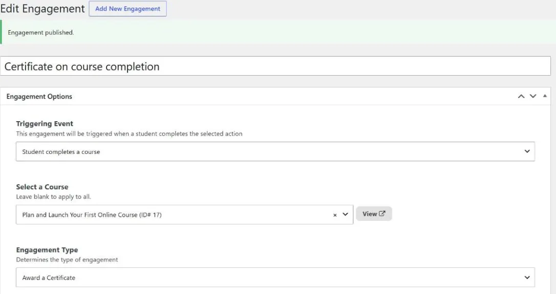 LifterLMS engagement that awards a certificate when a student completes the test course