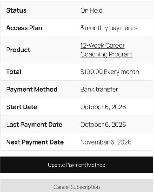 The client's order page after the second instalment fell due: status On Hold, last payment October 6, next payment November 6, with buttons to update the payment method or cancel the subscription