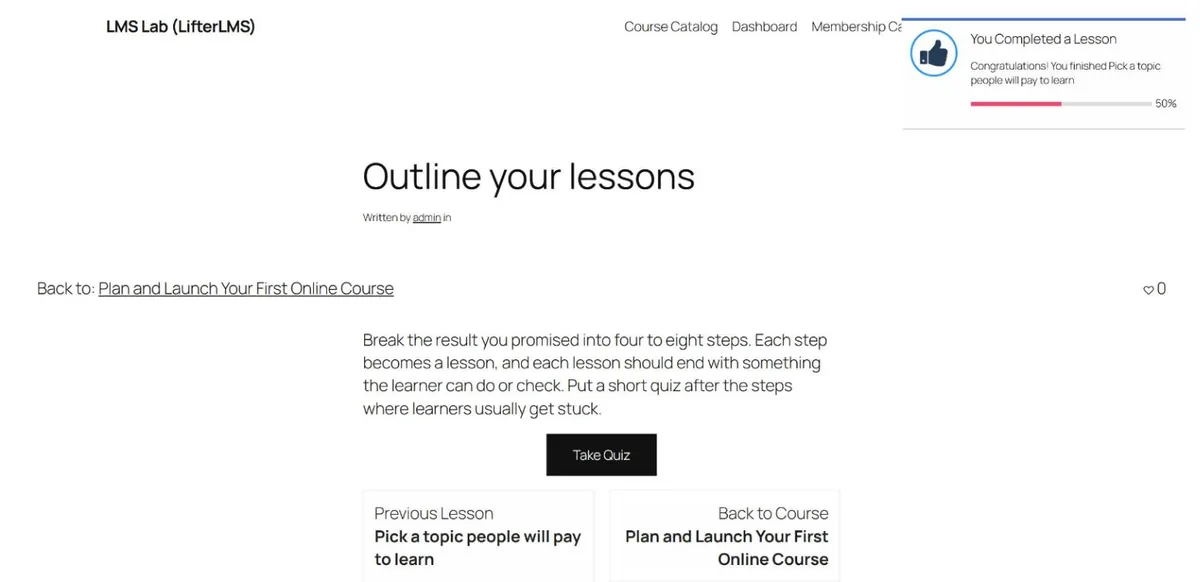 LifterLMS lesson page in the default theme, with a lesson-complete popup showing 50 percent progress and a Take Quiz button