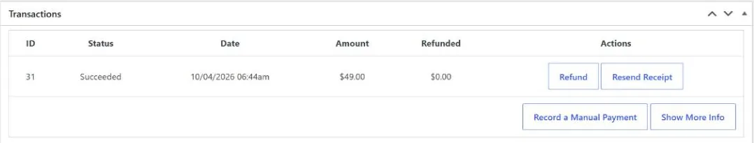 LifterLMS order transactions after recording a $49 manual payment, with Refund and Resend Receipt buttons