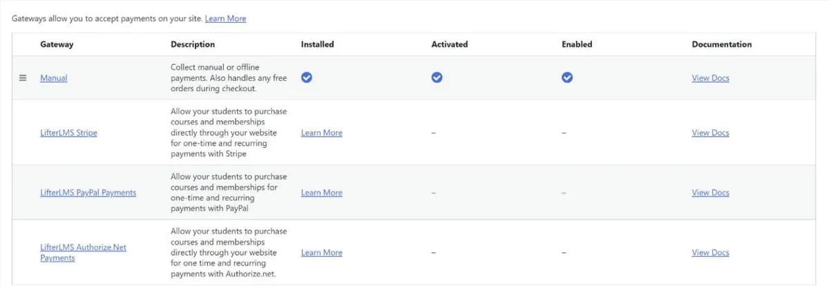 LifterLMS payment gateways in the free version: Manual is enabled; Stripe, PayPal and Authorize.Net link to paid add-ons
