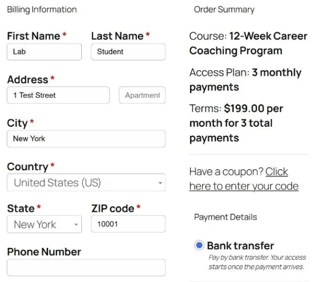 LifterLMS checkout for the 12-week coaching program: terms of $199 per month for 3 total payments, paid by bank transfer