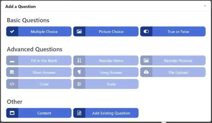 LifterLMS Add a Question menu: Multiple Choice, Picture Choice and True or False are available; the Advanced Questions are greyed out