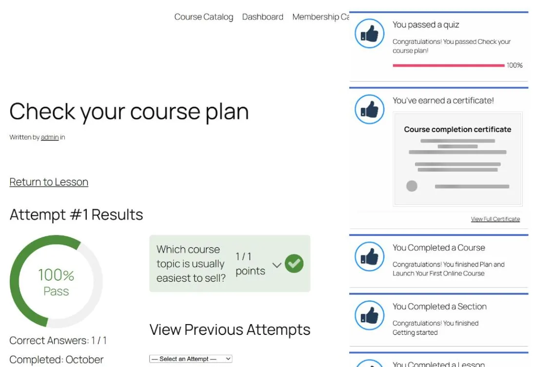 LifterLMS quiz result: 100 percent pass, with popups for the passed quiz, earned certificate and completed course