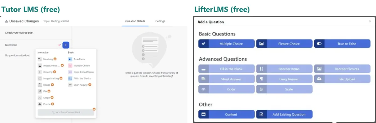 Question type menus side by side: Tutor LMS free offers True/False, Multiple Choice, Open Ended and Fill in the Blanks; LifterLMS free offers Multiple Choice, Picture Choice and True or False; the rest are locked in both