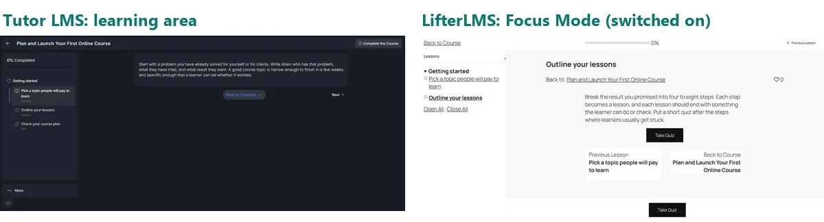 Lesson screens side by side: Tutor LMS's dark learning area with a progress bar and lesson list, and LifterLMS Focus Mode with a syllabus sidebar and progress bar