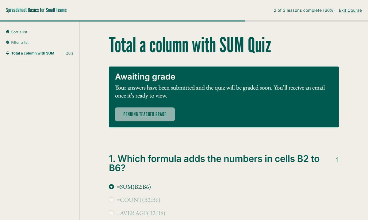 Student view in Sensei Learning Mode after submitting a multiple-choice quiz with default settings: Awaiting grade, Pending teacher grade