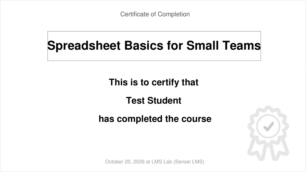 Certificate of completion PDF from the free Sensei LMS Certificates add-on, with the course name, the student name and the completion date