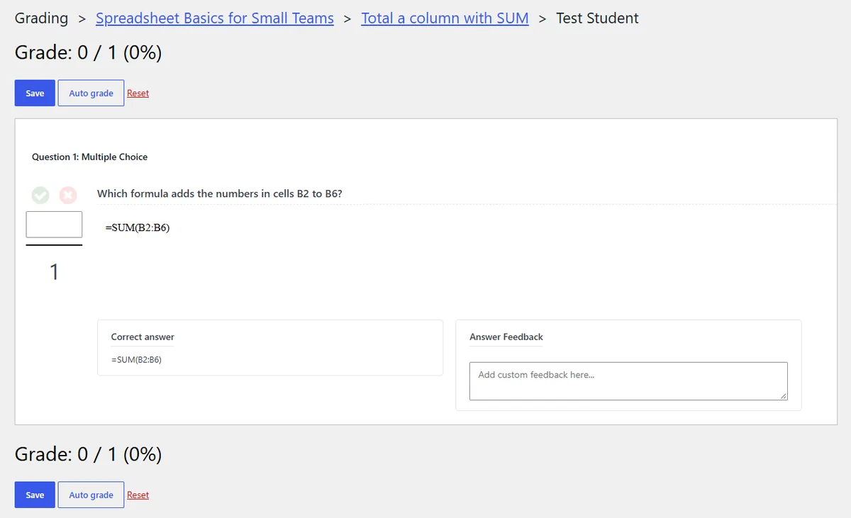 Sensei LMS grading screen for one student's quiz with Save, Auto grade and Reset buttons, the correct answer and a feedback box