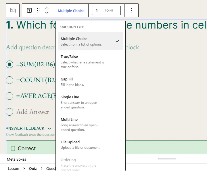 Sensei LMS question type menu: Multiple Choice, True/False, Gap Fill, Single Line, Multi Line and File Upload are available, Ordering is grayed out