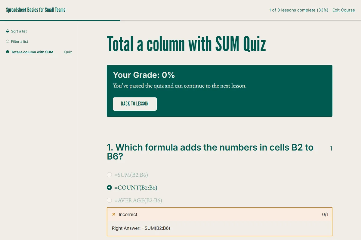 Sensei LMS quiz result with Auto Grade on and a wrong answer: Your Grade 0%, yet the message says the student passed the quiz and can continue
