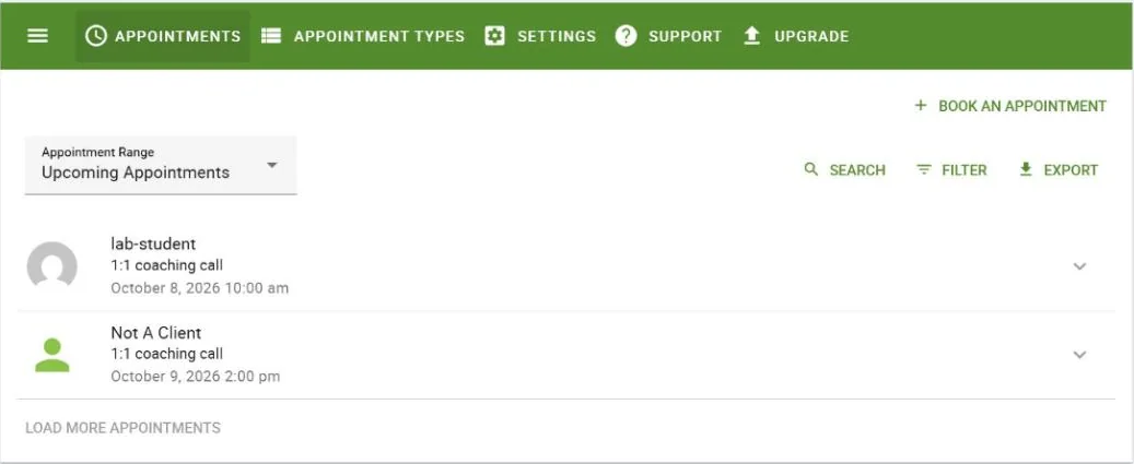 Simply Schedule Appointments admin list with two upcoming 1:1 coaching calls: one from the signed-in client and one from a visitor who isn't a client