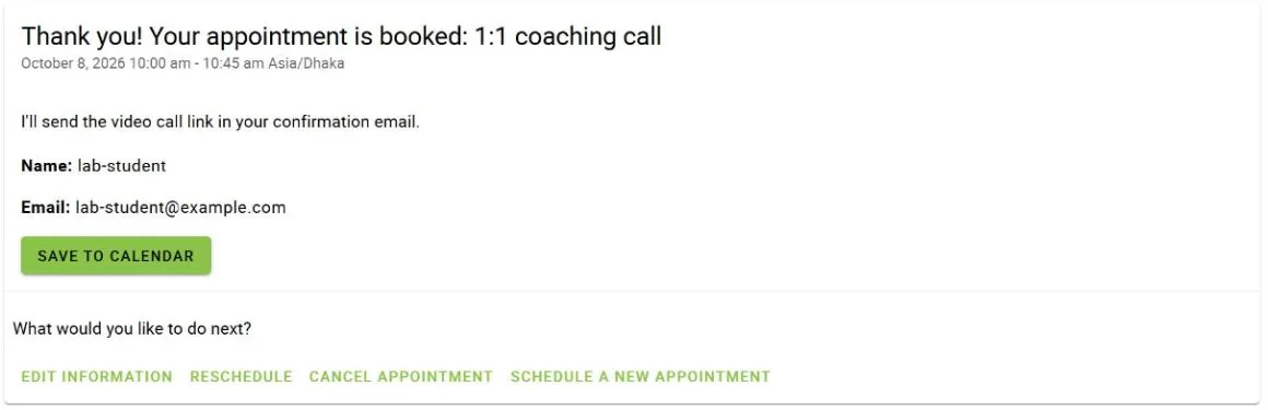 Simply Schedule Appointments confirmation: a 45-minute 1:1 coaching call booked for October 8, with options to save to calendar, reschedule or cancel