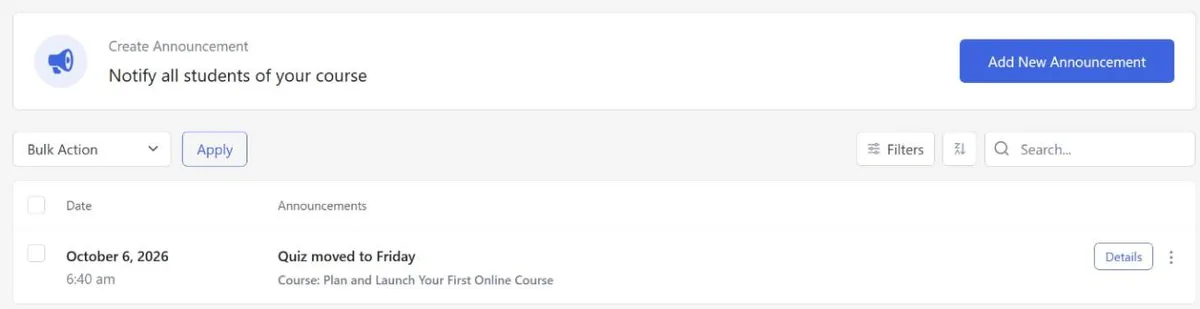 Tutor LMS free Announcements screen with one announcement, Quiz moved to Friday, sent to the students of a course