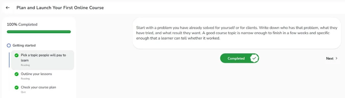 A lesson in Tutor LMS Kids mode: rounded cards, a progress bar at 100%, green ticks on each lesson and a large Completed toggle