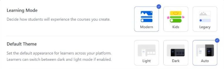 Tutor LMS free design settings: Learning Mode with Modern, Kids and Legacy, and a default theme of Light, Dark or Auto that learners can switch