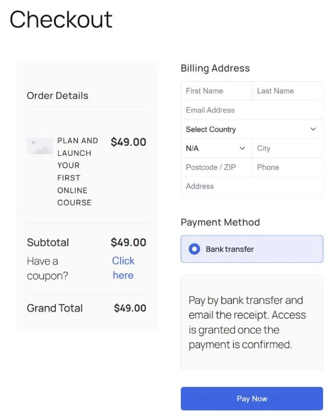 Tutor LMS checkout: order details, required billing fields including phone and address, and the bank transfer payment method