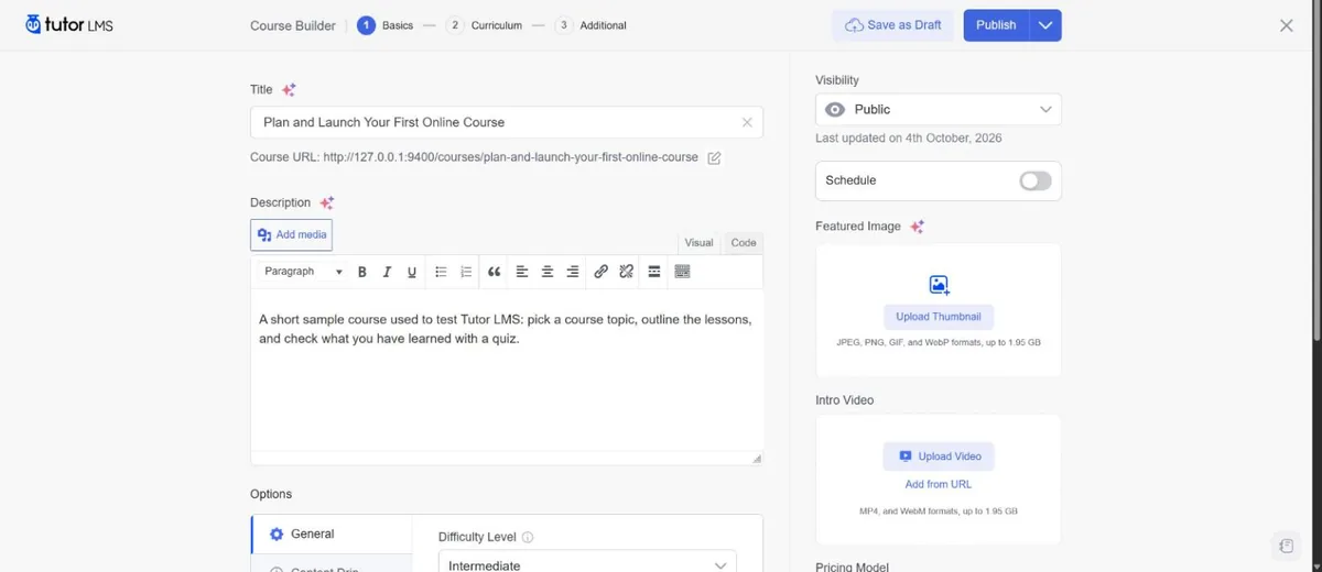 Tutor LMS course builder, Basics step: title, description, visibility, featured image, intro video and pricing