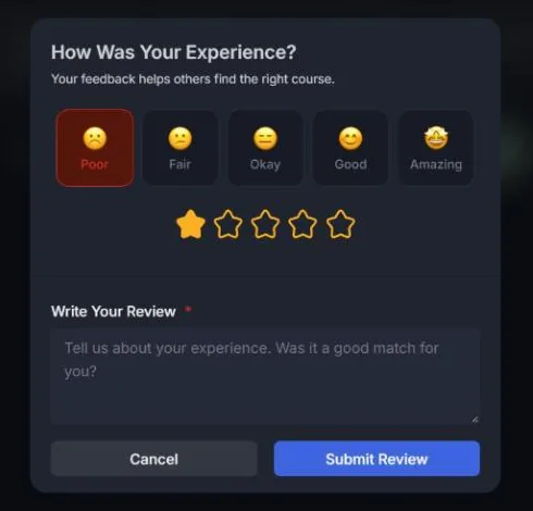 Tutor LMS course review prompt shown on completion, with the Poor rating selected by default