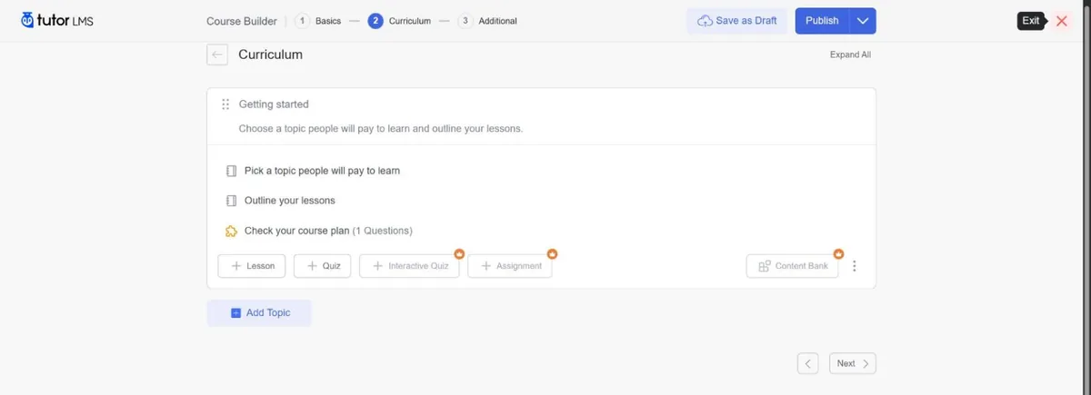 Tutor LMS curriculum with one topic, two lessons and a quiz; Interactive Quiz, Assignment and Content Bank carry a Pro crown