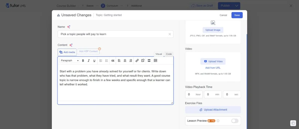 Tutor LMS lesson editor with content, video, playback time and exercise files; H5P and Lesson Preview are marked Pro
