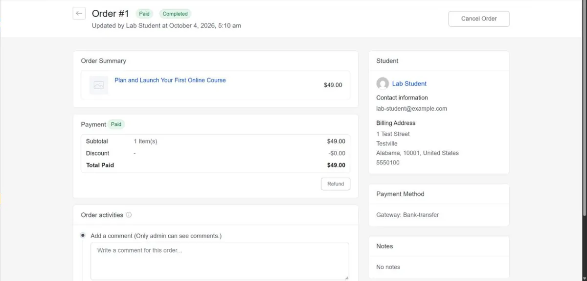 Tutor LMS order screen after a manual bank transfer was marked as paid, showing order summary, payment, refund button and billing details