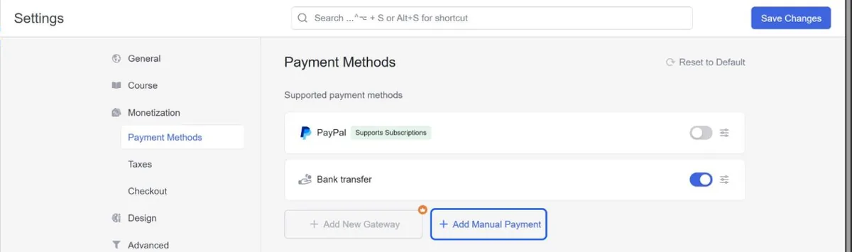 Tutor LMS payment methods in the free version: PayPal and a manual bank transfer method, with Add New Gateway locked to Pro