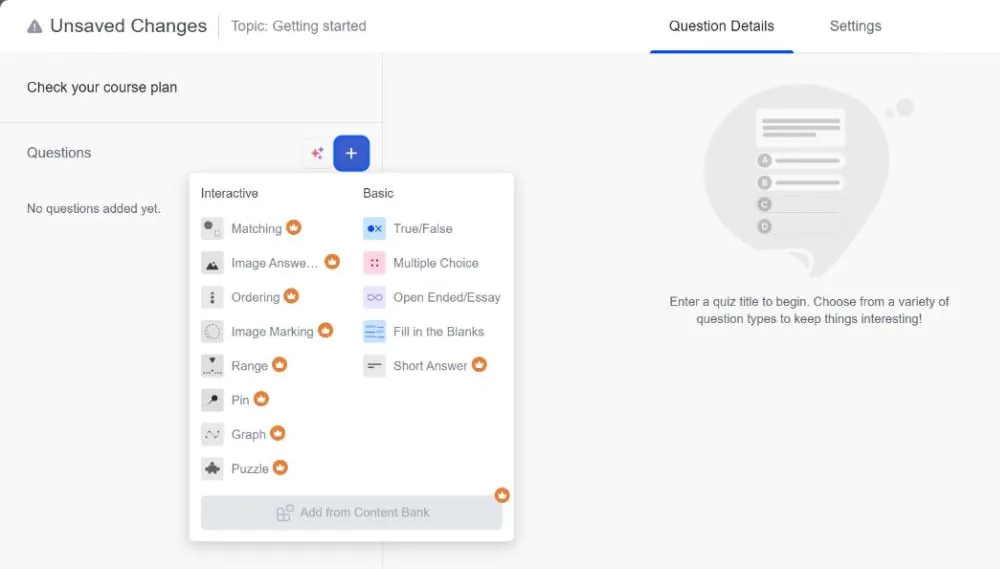Tutor LMS question type menu: True/False, Multiple Choice, Open Ended and Fill in the Blanks are free; Short Answer and all interactive types are Pro