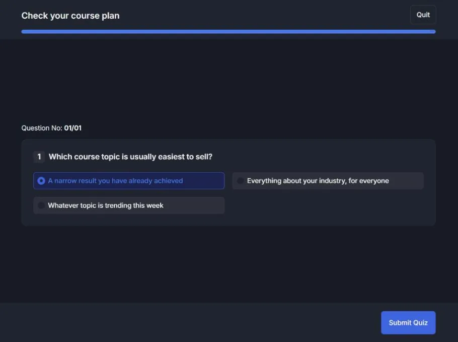Tutor LMS quiz screen with one multiple choice question and the Submit Quiz button