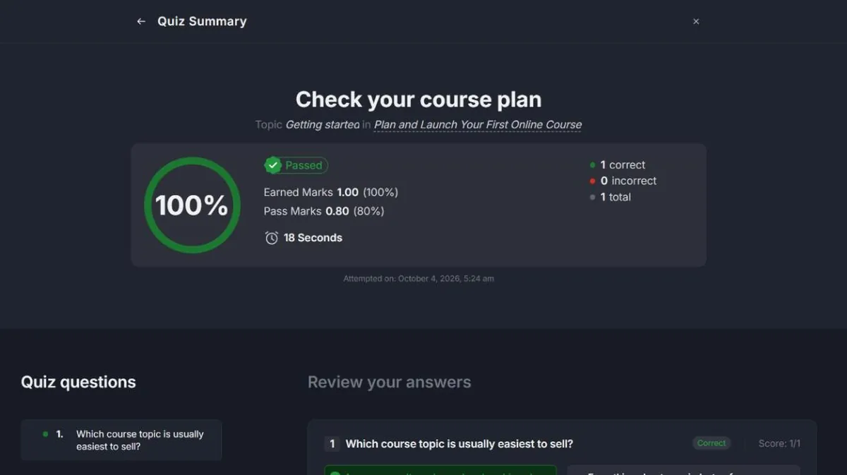 Tutor LMS quiz summary: passed with 100 percent, pass mark 80 percent, time taken and answer review