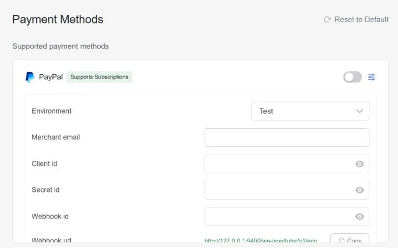 Tutor LMS PayPal settings: environment, merchant email, client ID, secret, webhook ID and the webhook URL to copy into PayPal