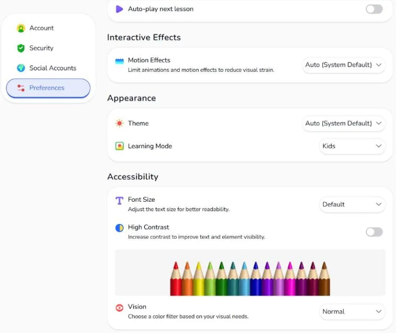 A Tutor LMS pupil's own preferences: motion effects, theme, learning mode, font size, high contrast and a color vision filter
