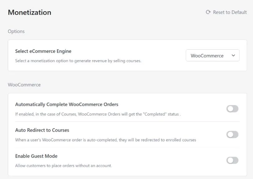 Tutor LMS free version with WooCommerce selected as the eCommerce engine, plus options to auto-complete orders and allow guest checkout