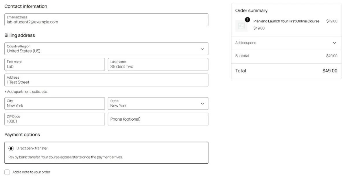 WooCommerce checkout for the $49 course: email, billing address, phone optional, and bank transfer as the payment option
