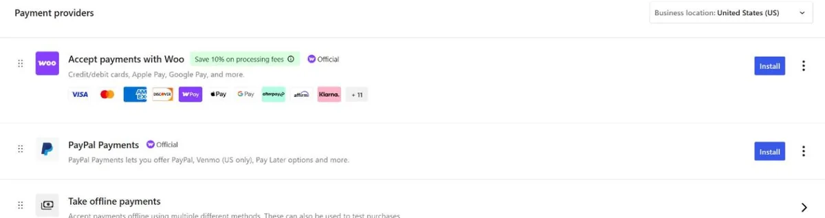 WooCommerce payment providers for a US store: WooPayments for cards and wallets, PayPal Payments, and offline payments